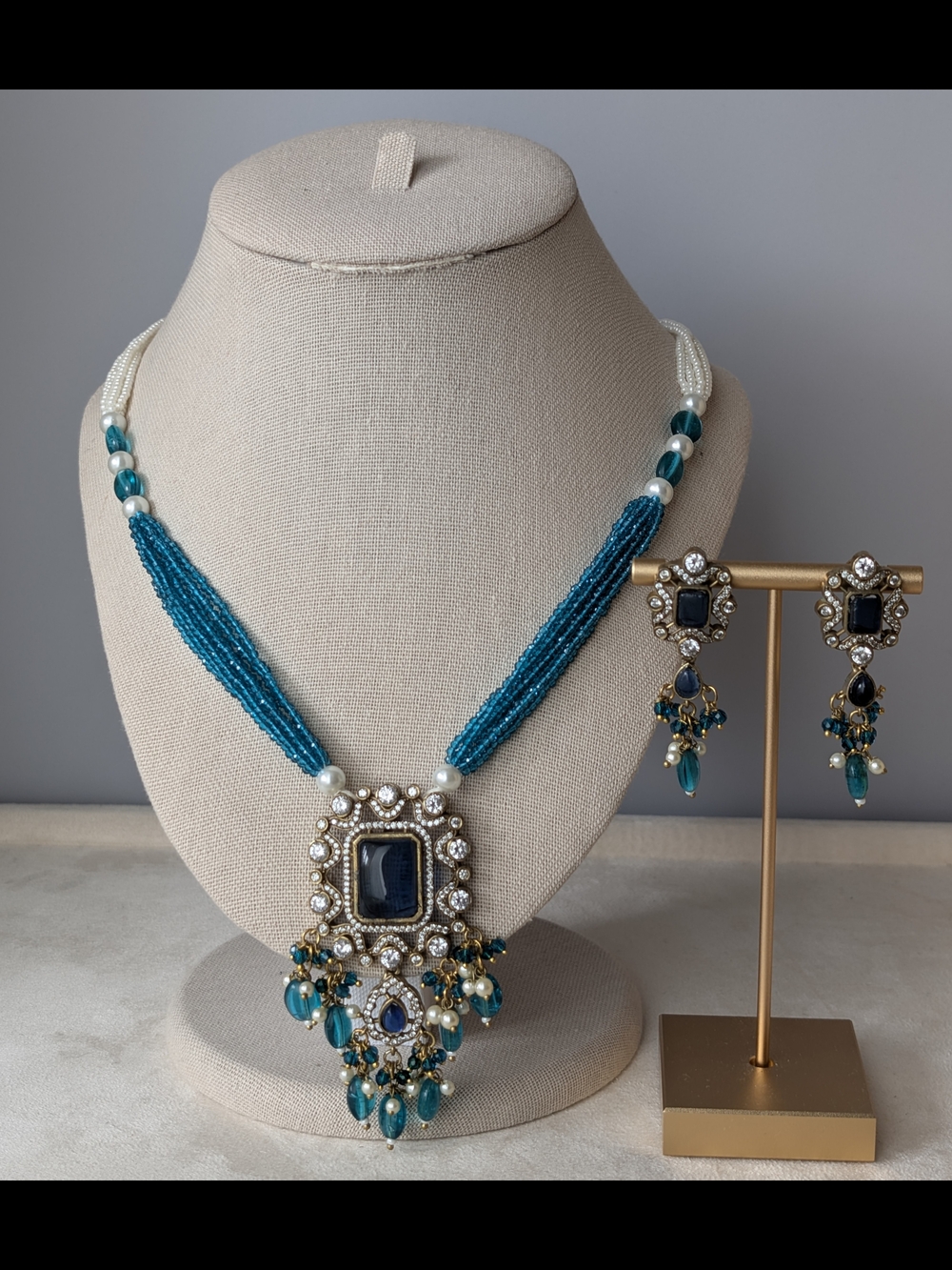 Beaded Teal and Pearl Statement Necklace with Matching Earrings